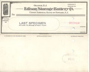 Edison Storage Battery Co. - American Bank Note Company Specimen Checks