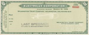 Electrolux Corp. - American Bank Note Company Specimen Checks