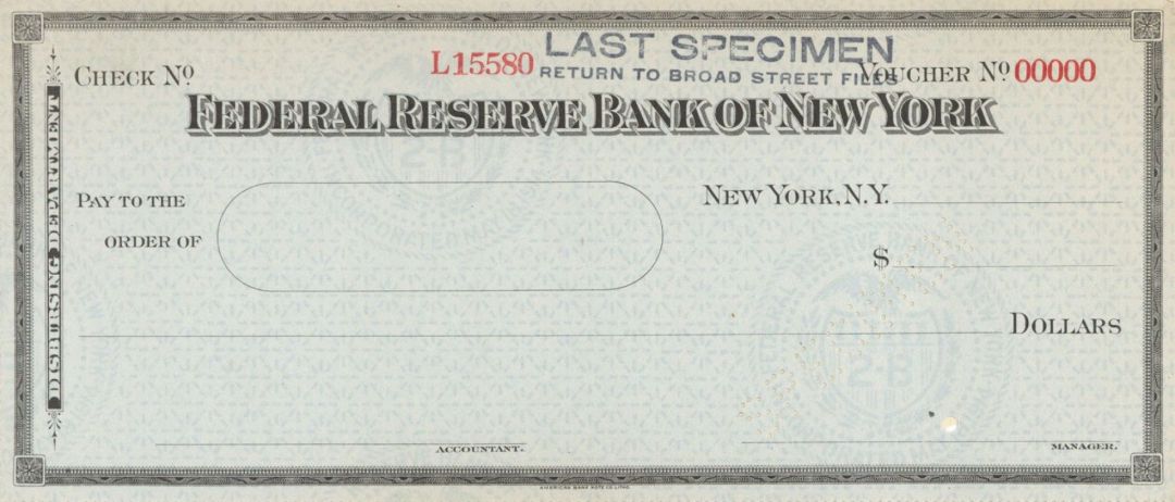 Federal Reserve Bank of New York - American Bank Note Company Specimen Checks