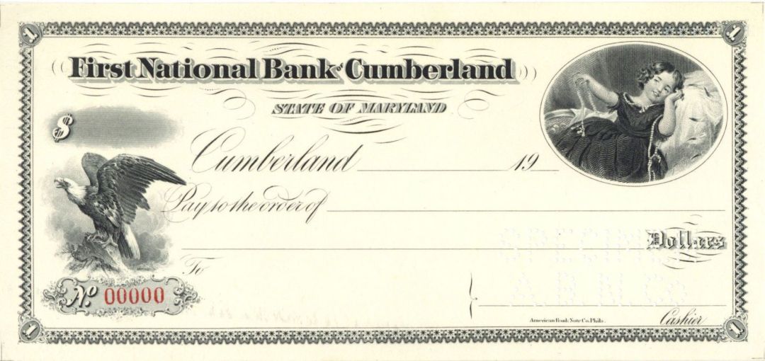 First National Bank of Cumberland - American Bank Note Company Specimen Check