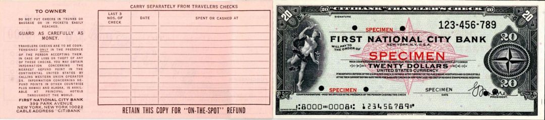 First National City Bank of New York - Later known as Citibank - Various Denominations - American Bank Note Company Specimen Check