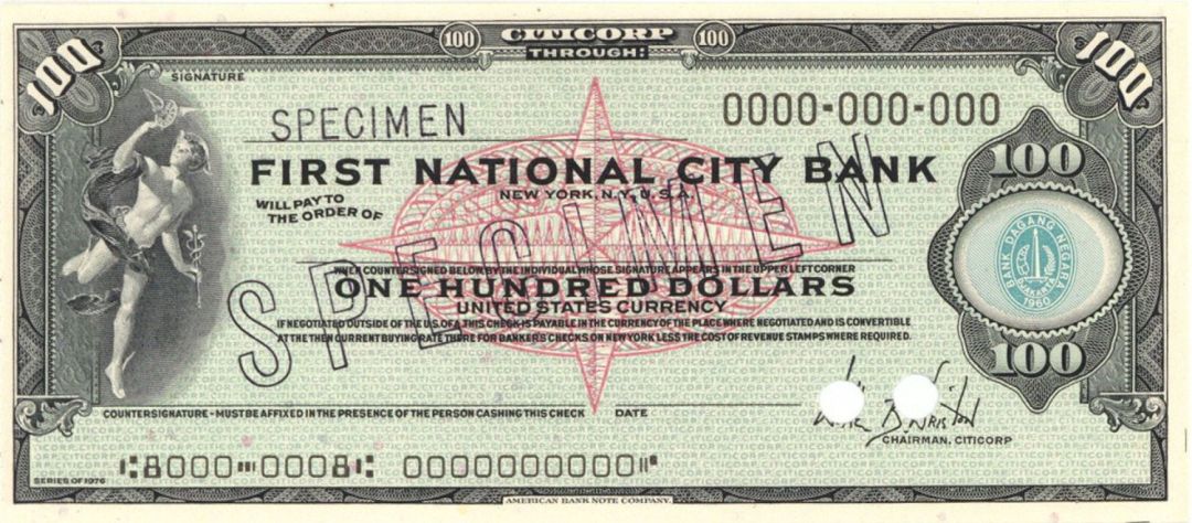 First National City Bank of New York - Later known as Citibank - Various Denominations - American Bank Note Company Specimen Check