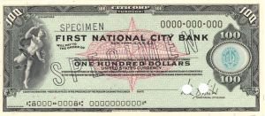 First National City Bank - Various Denominations - American Bank Note Company Specimen Checks