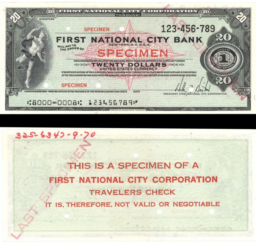 $20 Dollar - First National City Bank of New York - Later known as Citibank - American Bank Note Company Specimen Check