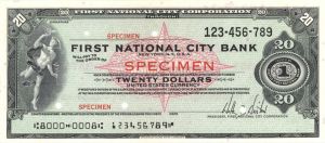 First National City Bank - $20 - American Bank Note Company Specimen Checks