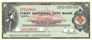First National City Bank - $10 - American Bank Note Company Specimen Checks