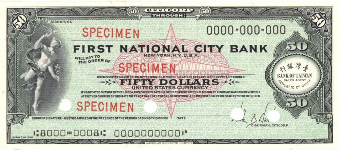 $50 Dollar - First National City Bank of New York - Later known as Citibank - American Bank Note Company Specimen Check