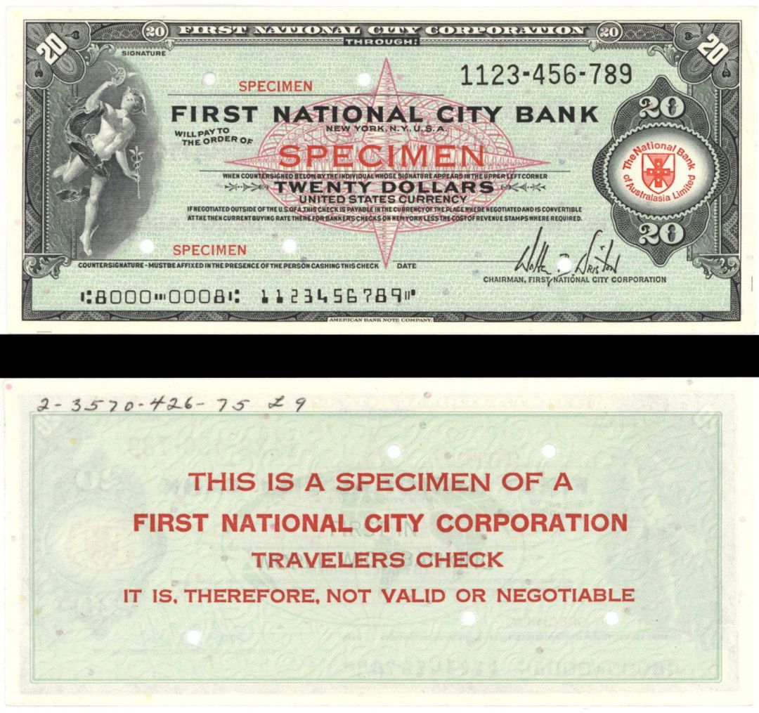 $20 Dollar - First National City Bank of New York - Later known as Citibank - American Bank Note Company Specimen Check
