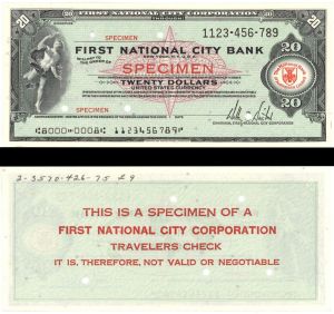 First National City Bank - $20 - American Bank Note Company Specimen Checks