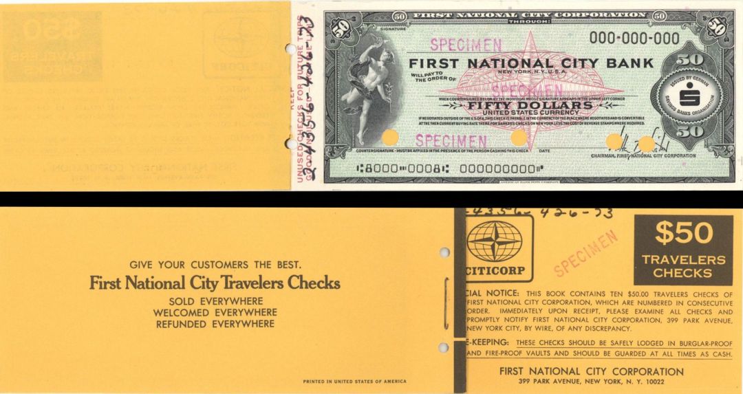 First National City Bank - $50 - American Bank Note Company Specimen Checks