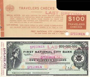 First National City Bank - $100 - American Bank Note Company Specimen Checks