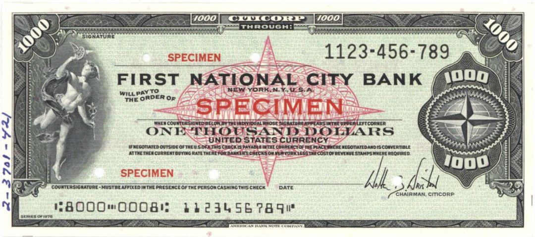 First National City Bank of New York - Later known as Citibank - Various Denominations - American Bank Note Company Specimen Check