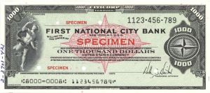 First National City Bank - Various Denominations - American Bank Note Company Specimen Checks