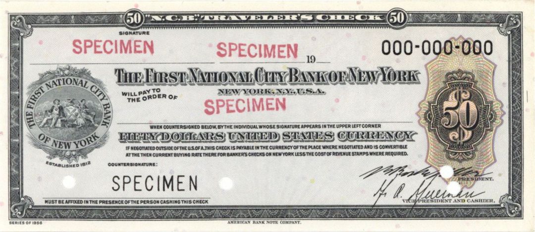 First National City Bank of New York - $50 U.S. Currency Note - American Bank Note Company Specimen