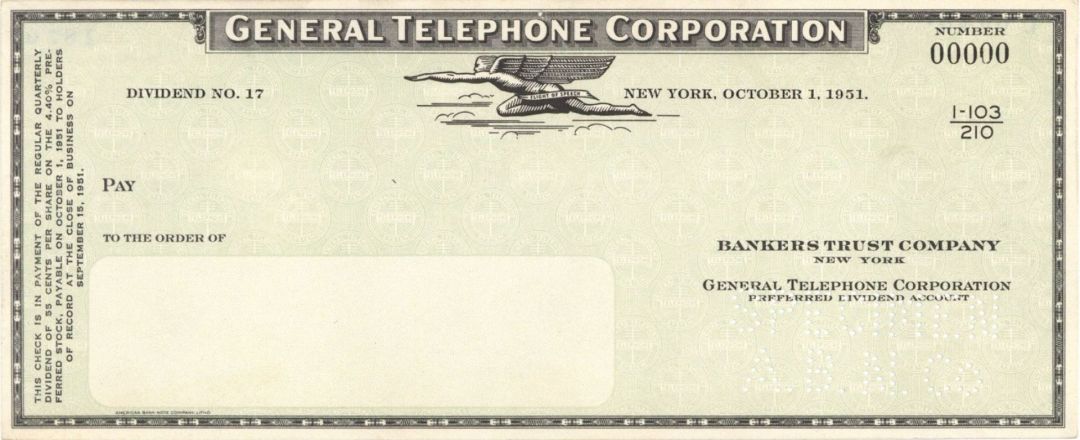 General Telephone Corp. - American Bank Note Company Specimen Checks