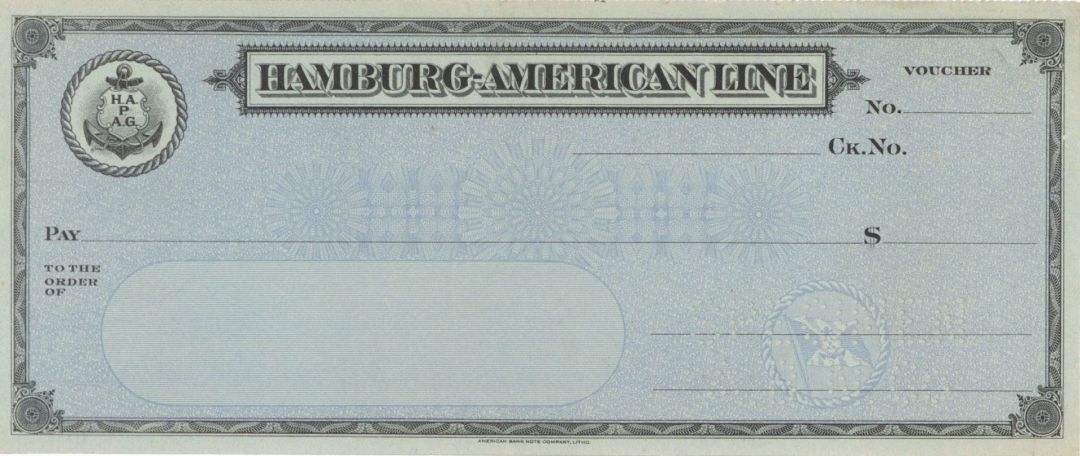 Hamburg-American Line - American Bank Note Company Specimen Checks