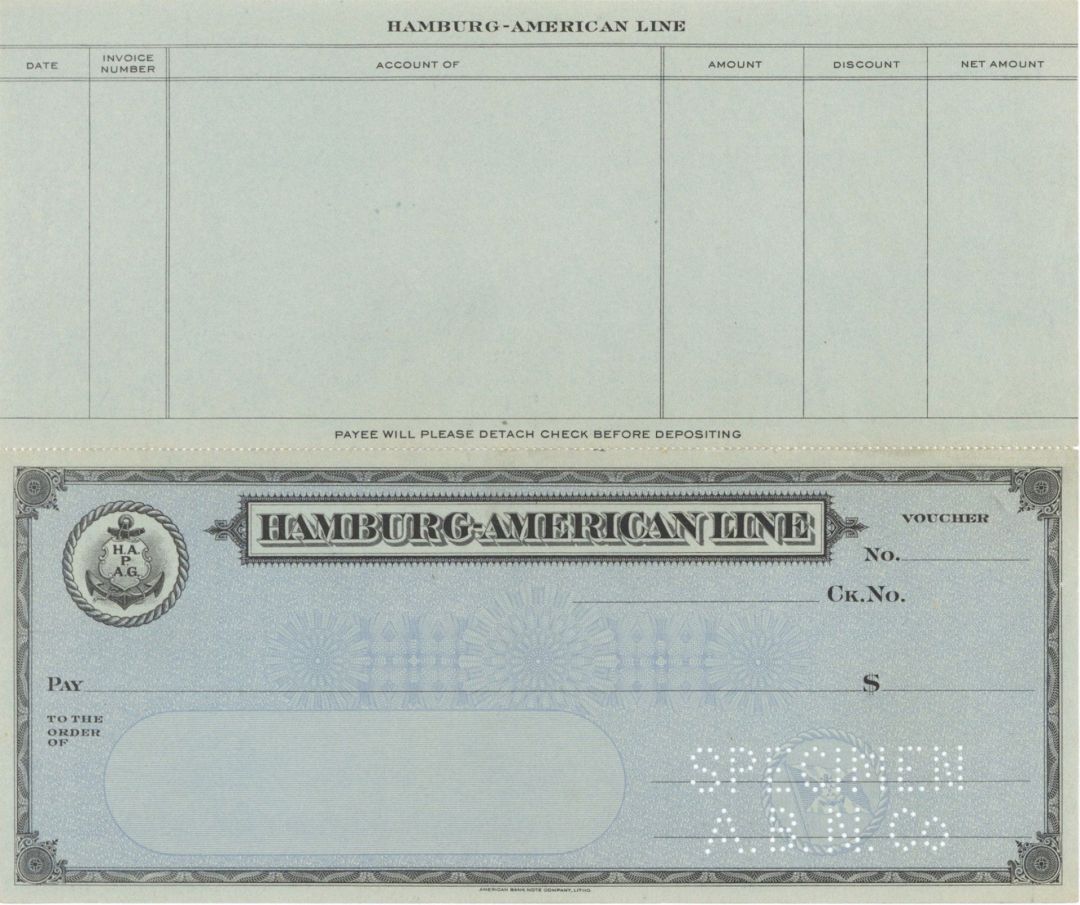 Hamburg-American Line - American Bank Note Company Specimen Checks