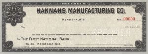 Hannahs Manufacturing Co. - American Bank Note Company Specimen Check