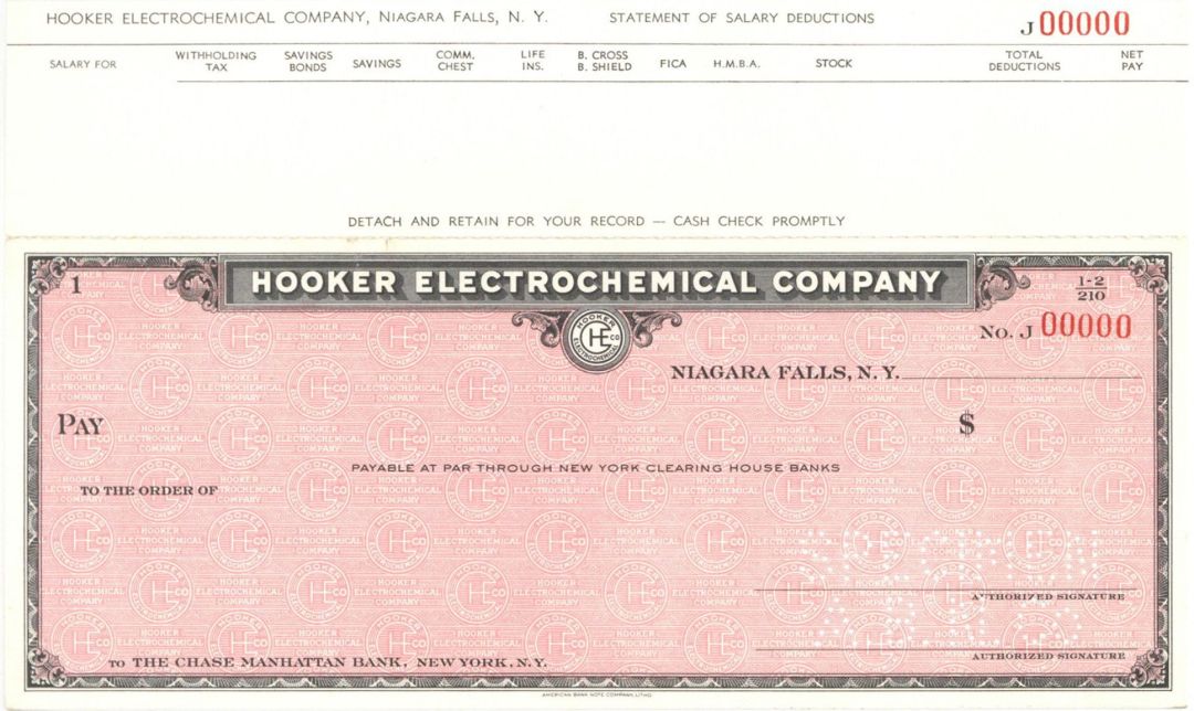 Hooker Electrochemical Co. - American Bank Note Company Specimen Checks