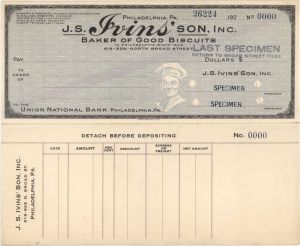 J.S. Irvins' Son, Inc. - American Bank Note Company Specimen Checks