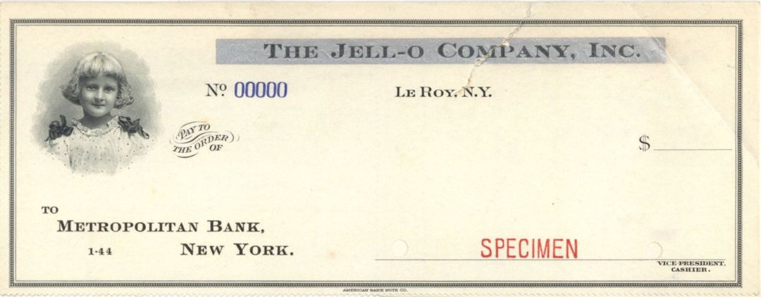 Jell-O Company Inc. - American Bank Note Company Specimen Check