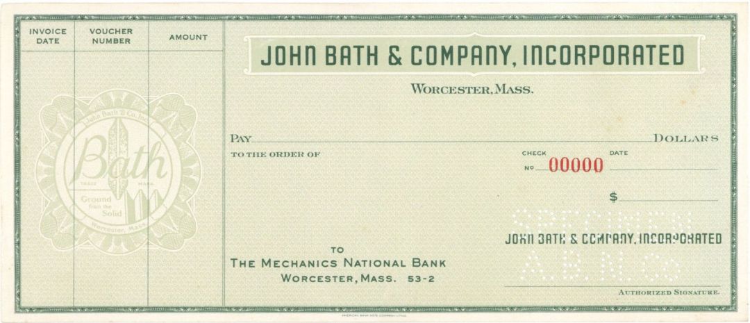 John Bath and Company, Inc. - American Bank Note Company Specimen Checks