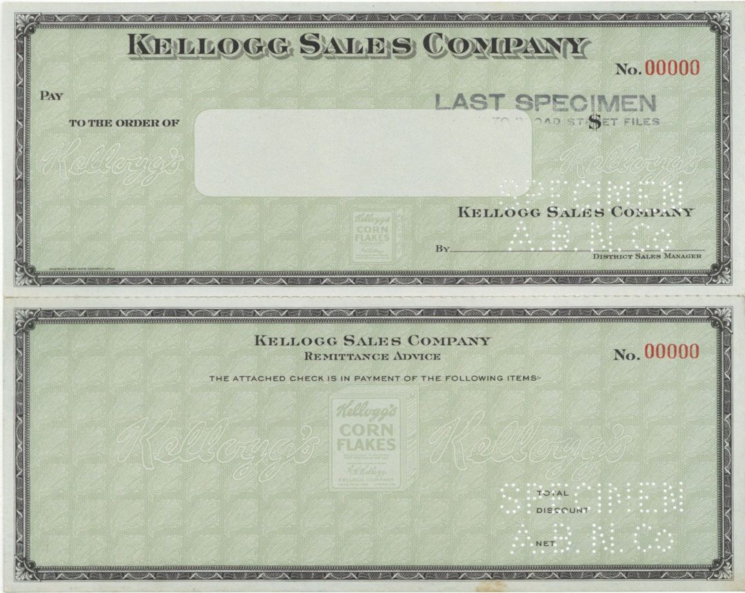 Kellogg Sales Co. - American Bank Note Company Specimen Checks