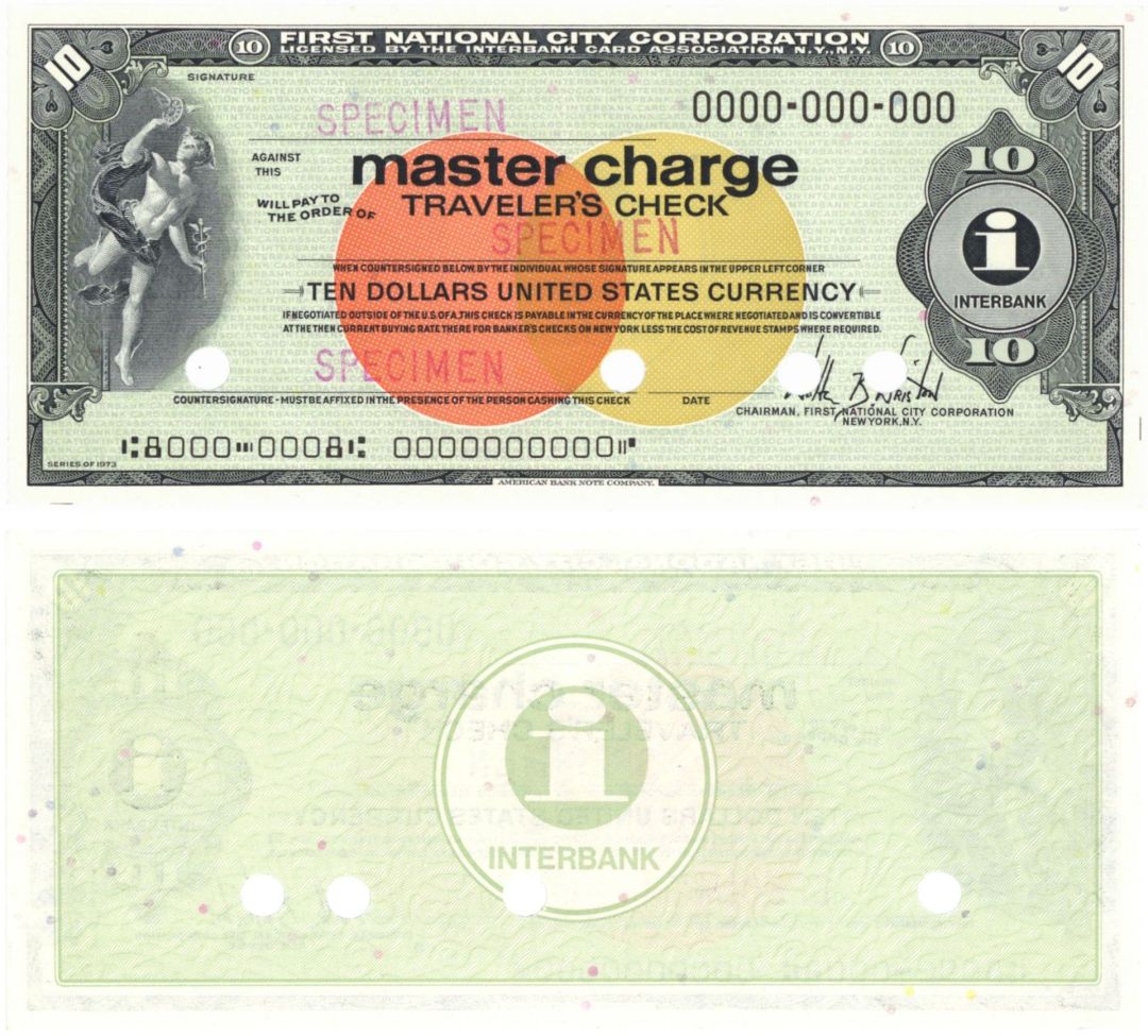 Master Charge Traveler's Check $10 US Dollars - American Bank Note Company Specimen Check