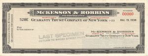 McKesson and Robbins, Inc. - 1938 dated American Bank Note Company Specimen Check - Important Scandal