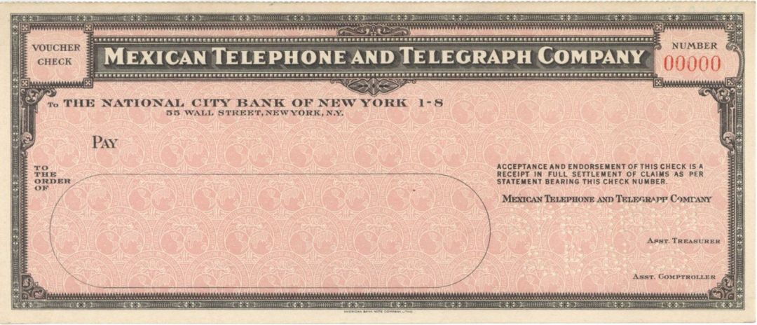Mexican Telephone and Telegraph Co. - American Bank Note Company Specimen Checks