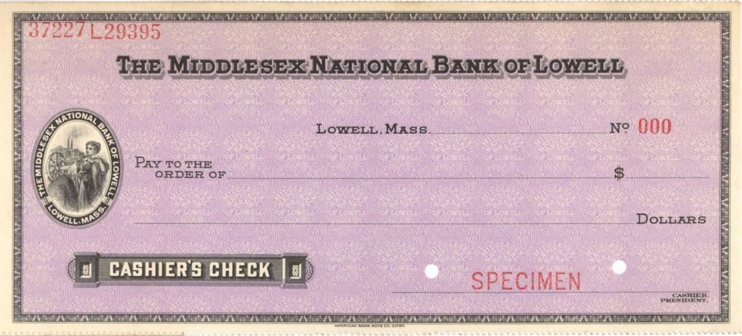 Middlesex National Bank of Lowell - American Bank Note Company Specimen Checks