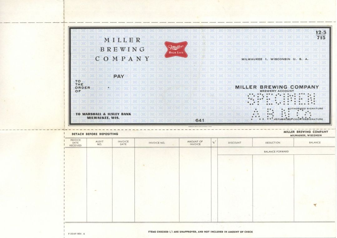Miller Brewing Co. - American Bank Note Company Specimen Check - Famous Brewery Company