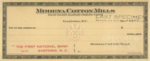 Modena Cotton Mills - American Bank Note Company Specimen Checks