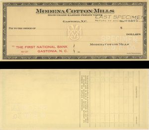 Modena Cotton Mills - American Bank Note Company Specimen Checks