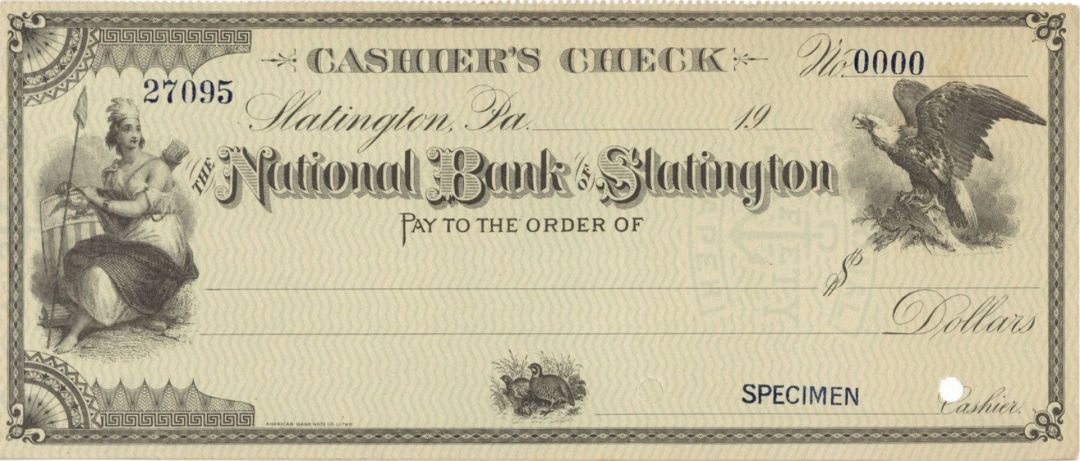 National Bank of Slatington - American Bank Note Company Specimen Checks