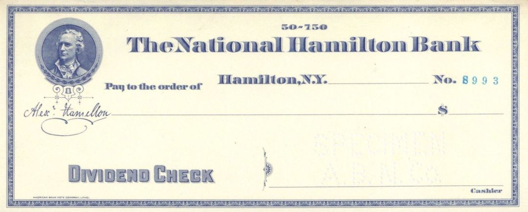 National Hamilton Bank - American Bank Note Company Specimen Checks