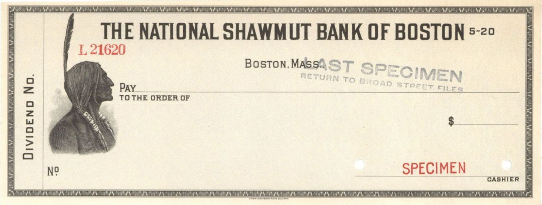 National Shawmut Bank of Boston - American Bank Note Company Specimen Checks