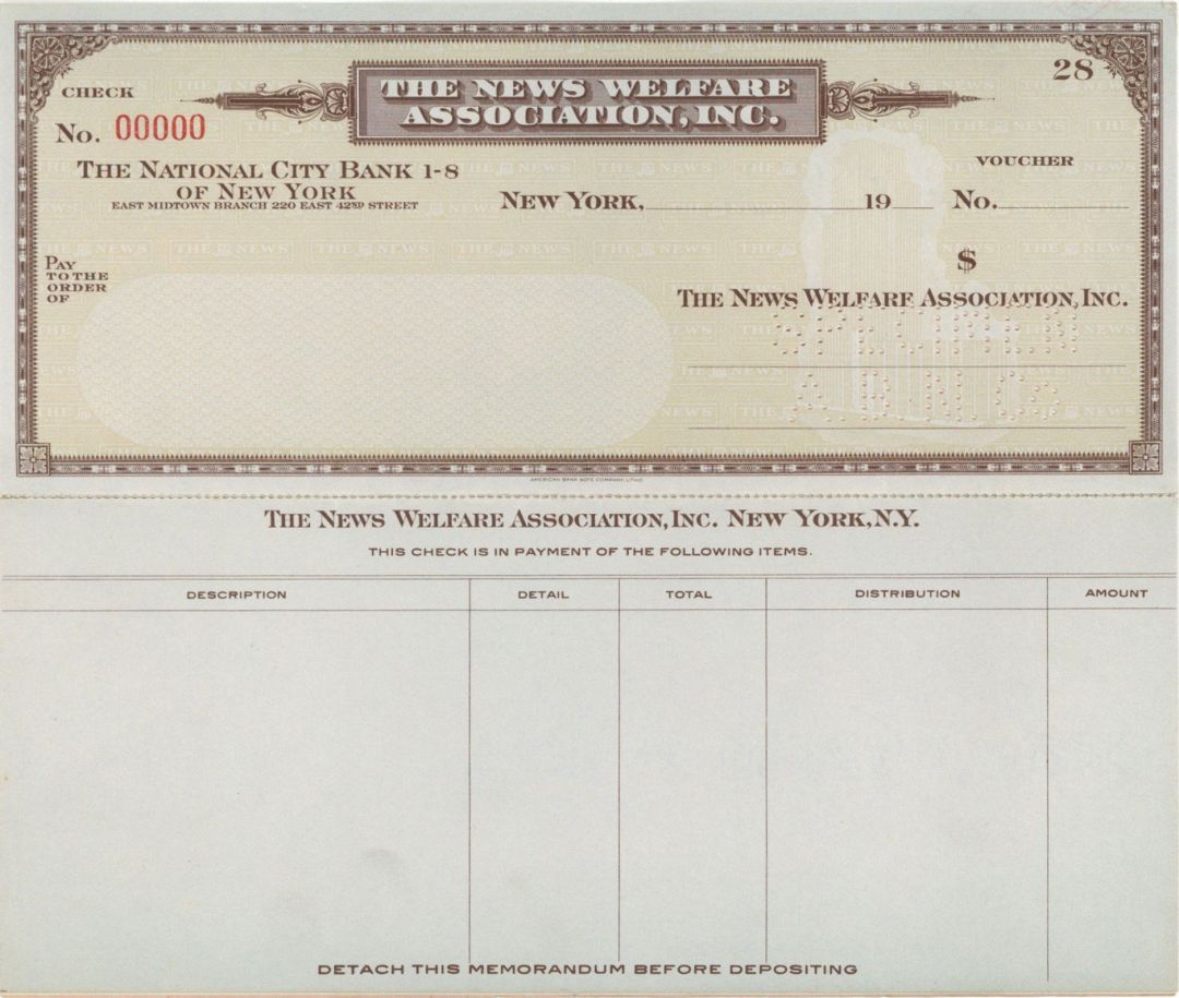 News Welfare Association, Inc. - 1900's dated American Bank Note Company Specimen Check