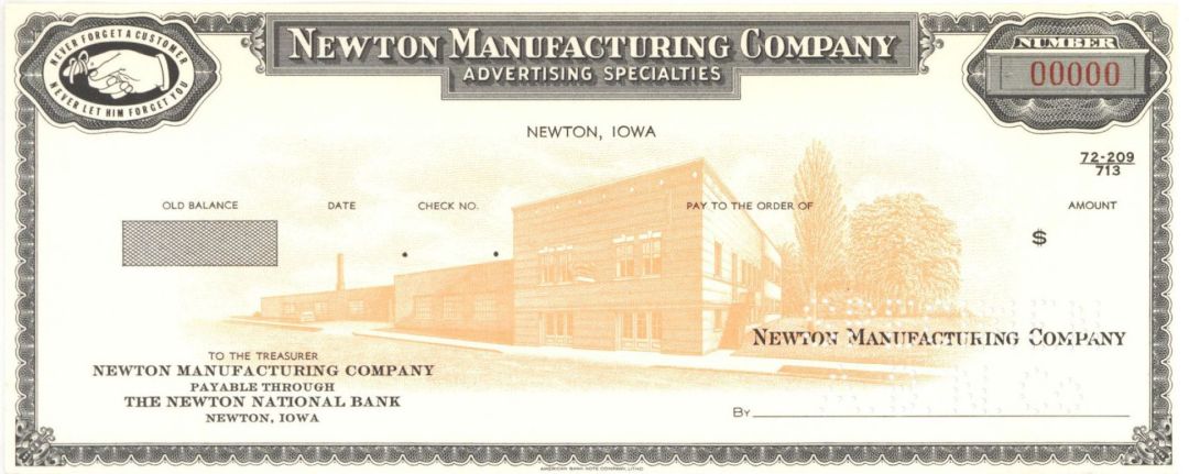 Newton Manufacturing Co. Advertising Specialties - American Bank Note Company Specimen Checks