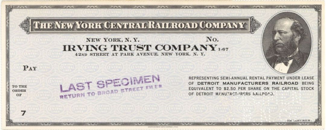 New York Central Railroad Co. - American Bank Note Company Specimen Checks