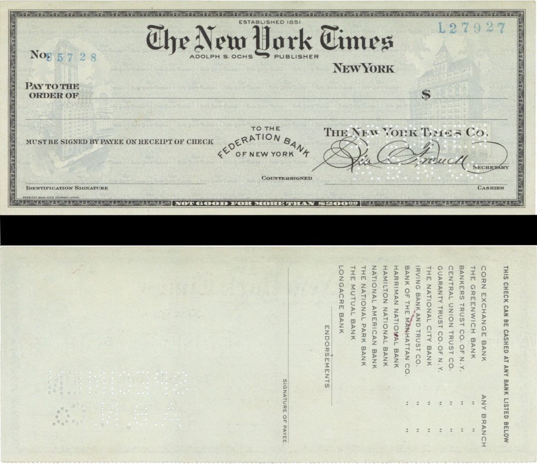 New York Times - American Bank Note Company Specimen Checks