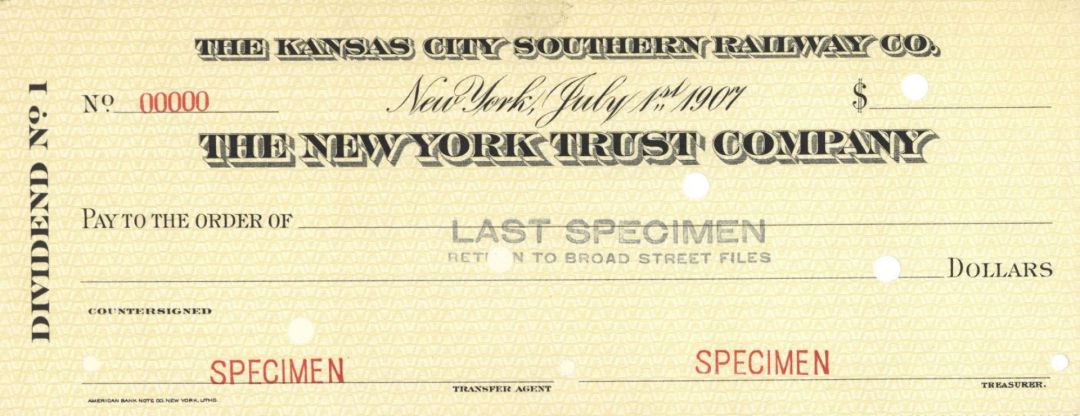 Kansas City Southern Railway Co. - American Bank Note Company Specimen Checks