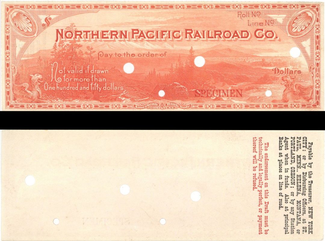 Northern Pacific Railroad Co. - American Bank Note Company Specimen Checks