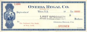 Oneida Regal Co. - American Bank Note Company Specimen Checks