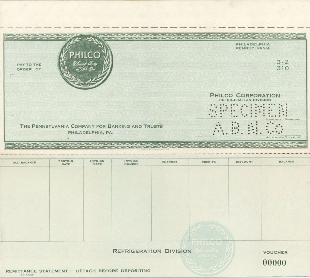 Philco - American Bank Note Company Specimen Checks