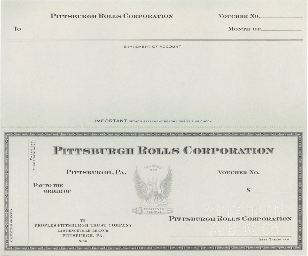 Pittsburgh Rolls Corp. - American Bank Note Company Specimen Checks