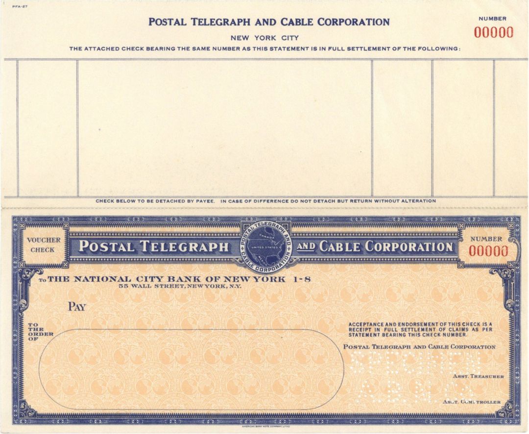 Postal Telegraph and Cable Corp. - American Bank Note Company Specimen Checks