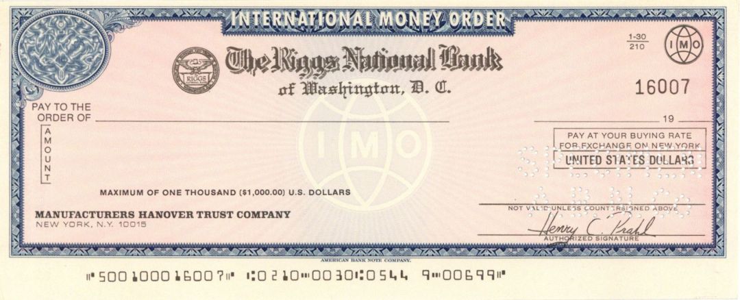 Riggs National Bank - American Bank Note Company Specimen Checks