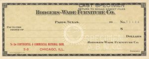 Rodgers-Wade Furniture Co. - American Bank Note Company Specimen Checks