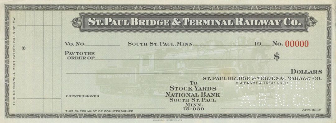 St. Paul Bridge & Terminal Railway Co. - American Bank Note Company Specimen Checks